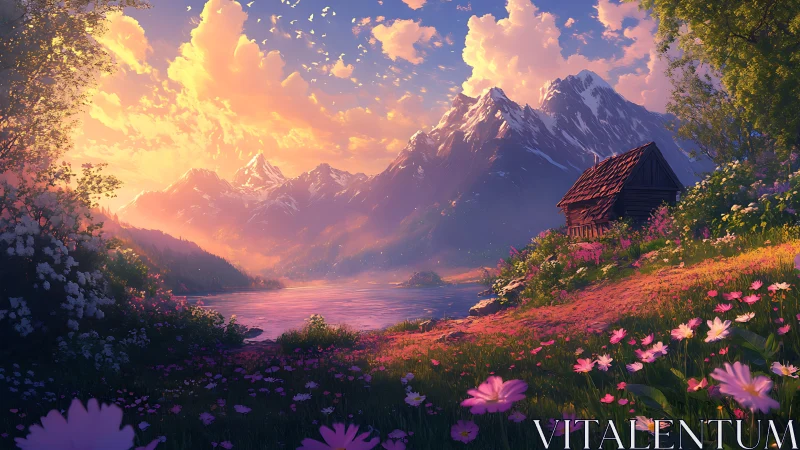 Sunlit alpine lake valley with wildflowers and wooden cabin.