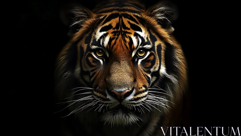 Tiger face close-up in dark background, intense direct gaze.