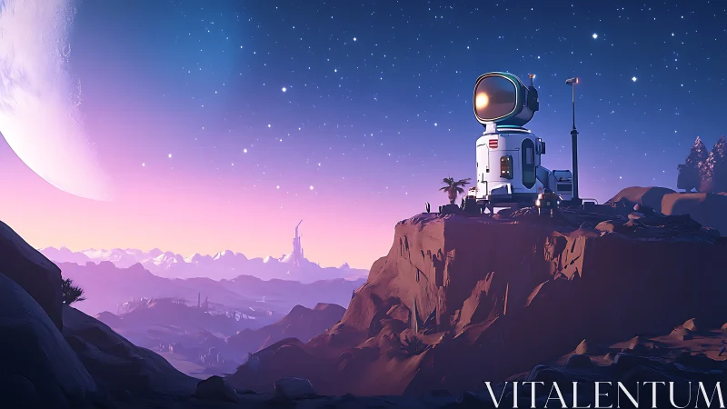 Lonely cliffside observatory overlooking pastel alien valley.