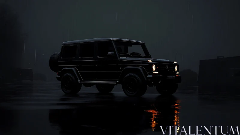 Black off-road SUV in wet night parking lot environment.