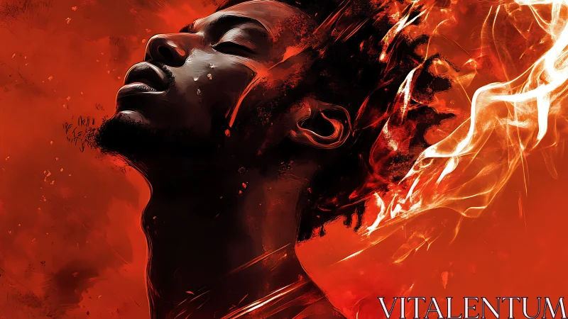 Profile portrait merges human silhouette with vivid fire