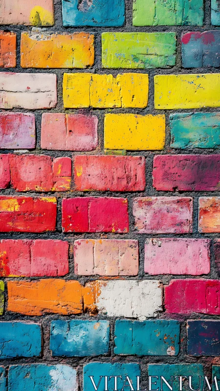 Color-saturated brick wall shows weathered painted geometry
