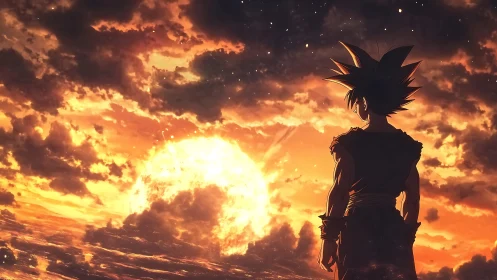 Silhouetted warrior observes hyper-saturated volumetric sunset sky