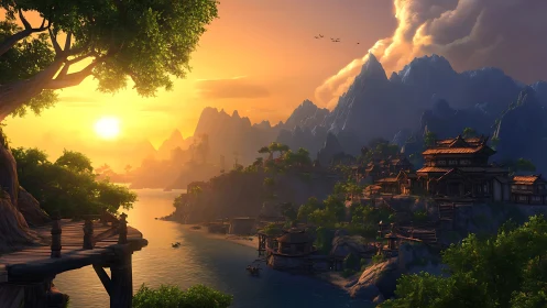 Sunlit river valley frames a terraced oriental mountain village