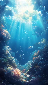 Sunlit coral canyon with streaming caustic rays underwater.