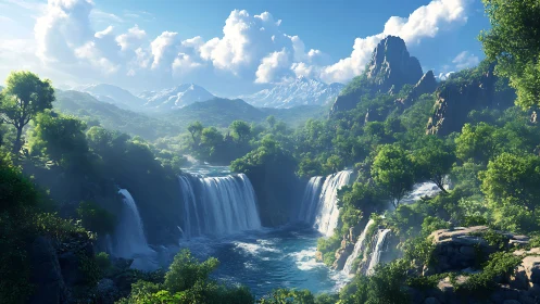 Emerald cascades roar beneath sunlit, snow crowned peaks.