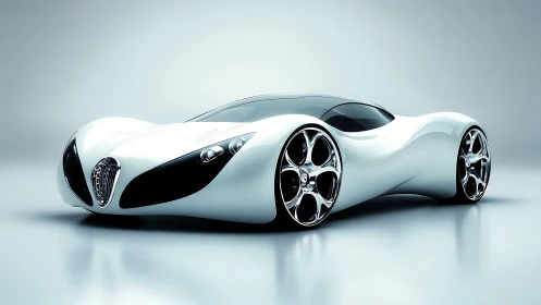 Futuristic white concept supercar with fluid sculpted body.