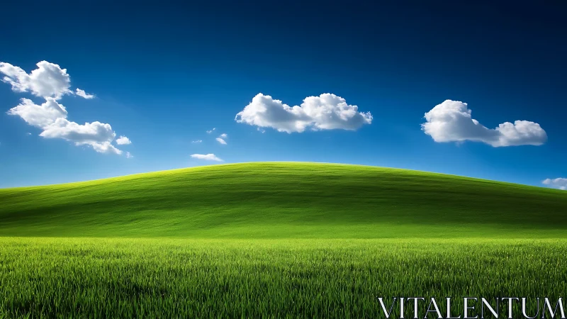 Gentle green hill under bright blue sky and soft clouds.