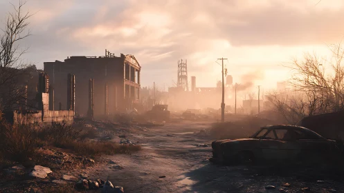 Soft sunrise light washes over a quiet post apocalyptic street