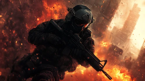 Armored infantry figure in urban fire zone with rifle poised.