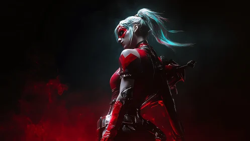 Cyber assassin portrait in red-black armor with teal hair.