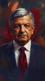 Weathered statesman amid stormy strokes of crimson resolve.