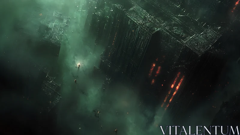 Towering alien megastructures loom through toxic neon fog