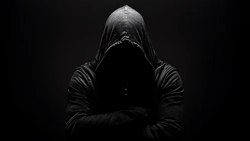 Hooded figure in dark studio with obscured facial details.