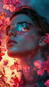Woman in reflective sunglasses framed by pink blossoms.