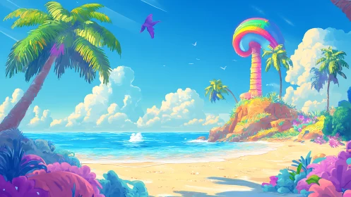 Vibrant Digital Landscape Rendering with Saturated Tropical Composition and Volumetric Lighting