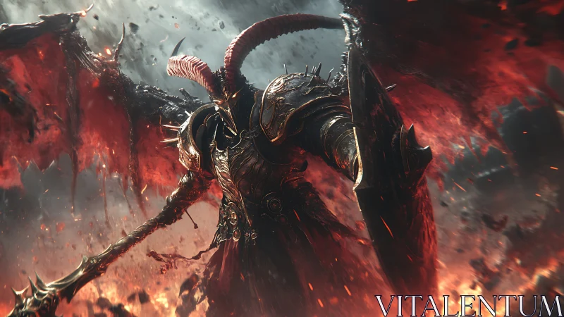 Demonic warlord towers over burning battlefield inferno.