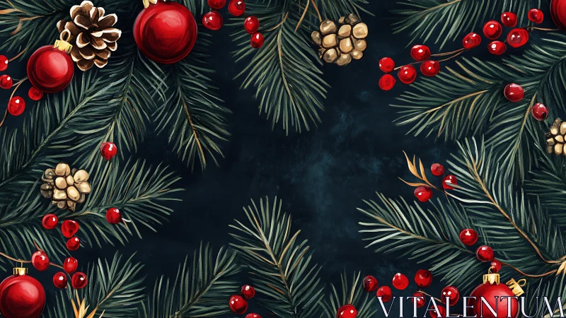 Christmas fir branches with red baubles and pinecones border