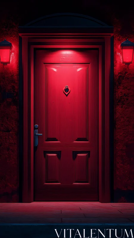 Red wooden door illuminated by strong overhead red light