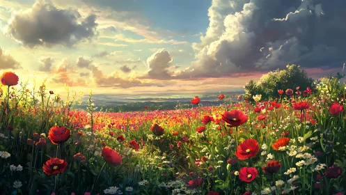 Digital painting meadowscape with luminous poppy foreground field.