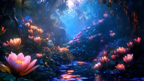 Moonlit river of dreaming blossoms in a luminous forest.