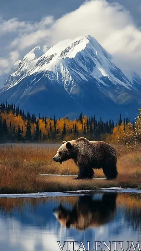 Grizzly strolls beneath a brooding, snow crowned mountain giant