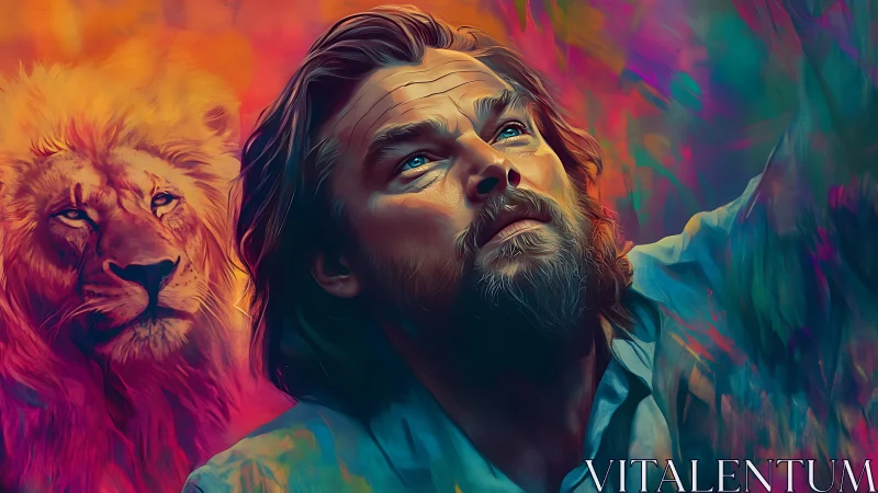 Vivid digital portrait with lion under neon dream sky.