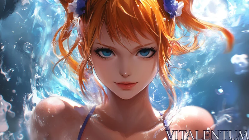 Fiery haired anime swimmer framed by luminous water splash.