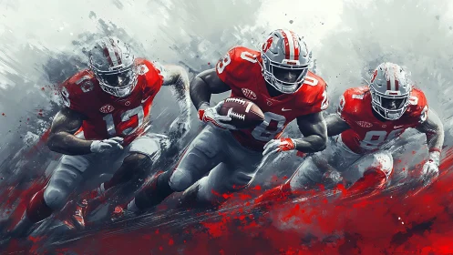 College football runners in red uniforms charging forward.