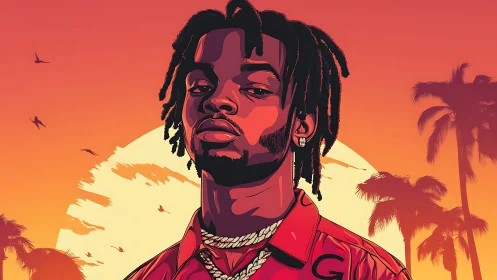 Stylized portrait of man at sunset with palm trees.