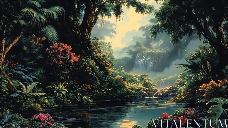 Tropical Jungle Waterfall with Lush Vegetation and Golden Light