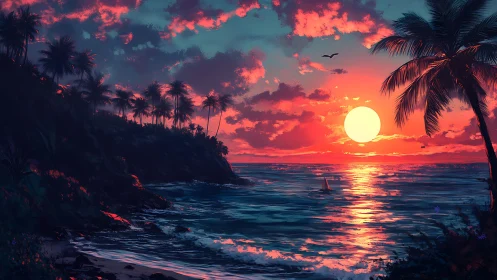 Glowing tropical sunset welcomes a calm palm-lined shoreline