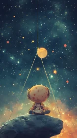 Small astronaut on rock gazing at hanging golden moon.