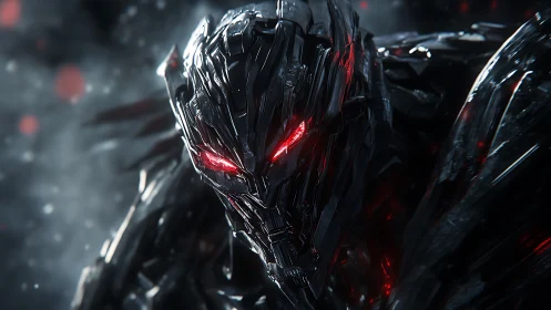 Metallic humanoid robot head with red illuminated eyes.