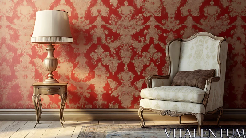 Wingback armchair and side table stand against patterned wall