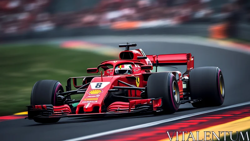 Red Formula 1 car drills apex under vibrant race lighting.