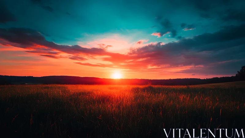 Spectral-gradient sunset over meadow with high dynamic contrast.