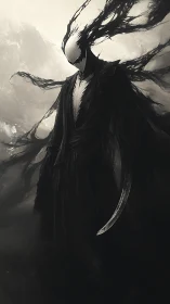 Void reaper silhouette drifts through windswept monochrome storm.