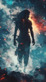 Firelit warrior silhouette strides through swirling storm.