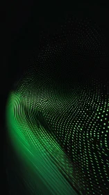 Green digital wave of dotted light curves through darkness.