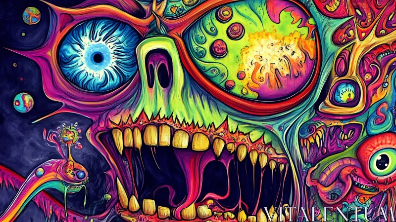 Psychedelic skull erupts in neon chaos and surreal cosmic visions
