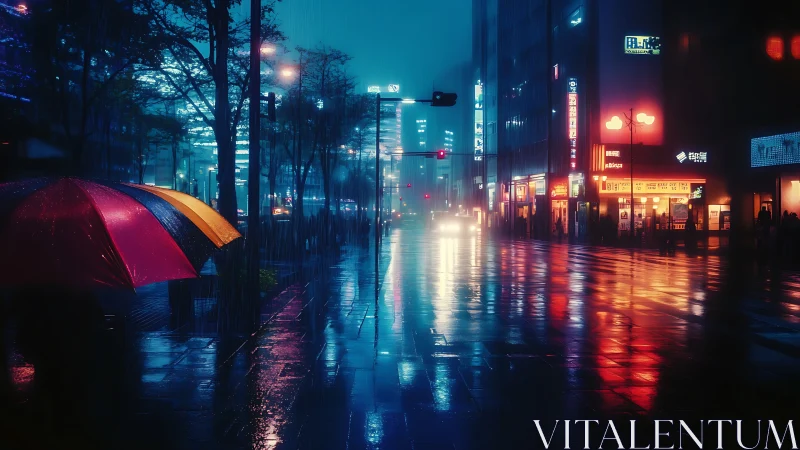 Rain-soaked neon city intersection with umbrella in foreground
