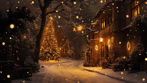 Snowy village street with glowing Christmas tree at night.