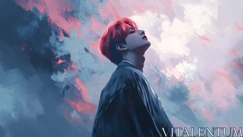 Backlit figure under turbulent cyan and magenta cloudscape