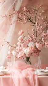 Soft blossom banquet bathed in dreamy blush light.