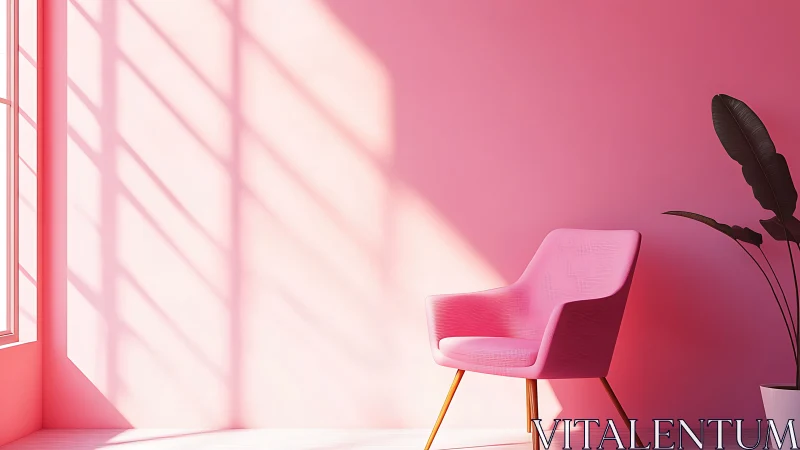 Pink armchair in bright minimalist sunlit interior corner.