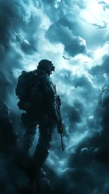 Lone soldier watching stormlit skies with quiet resolve.