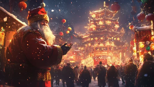 Santa in red robe amidst glowing Asian pagoda festival.
