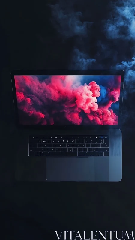Laptop display emitting chromatic vapor cloud visualization.