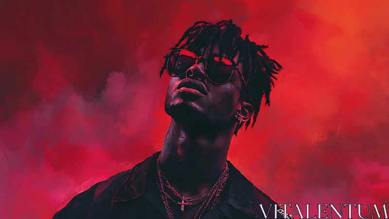 Cool confidence against a storm of bold red clouds.